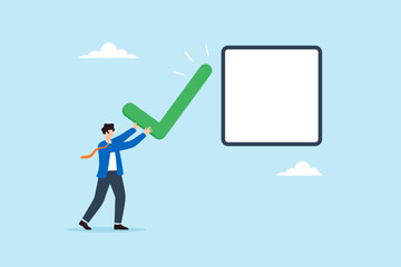 Flat illustration of businessman carrying giant checkmark toward blank checkbox symbolizing task completion productivity achievement goal setting project management and progress tracking © VZ_Art