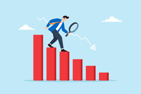 Flat illustration of businessman walking down decrease bar chart while inspecting data with magnifying glass symbolizing problem solving financial analysis business downturn and risk identification