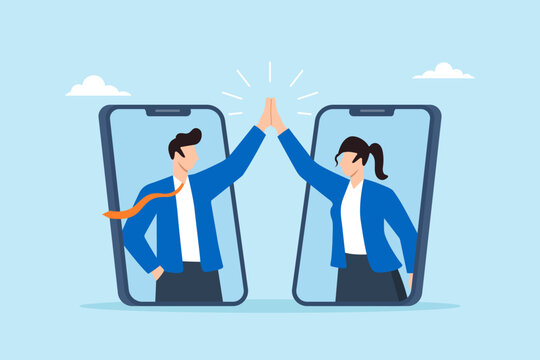 Flat illustration of businessman and businesswoman doing high five through smartphone screens symbolizing remote teamwork virtual collaboration digital communication and online partnership