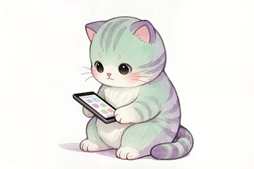 Fototapeta premium cute kitten designer drawing, soft pastel style, resin toy, holding tablet, white background