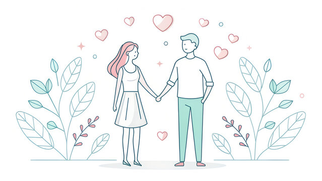Young couple holding hands standing among stylized plants and hearts