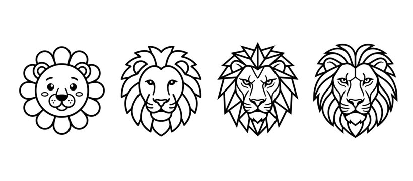 Evolution of Lion Head Logo Designs from Cute Cartoon to Geometric and Realistic Artistic Styles, Vector Set of Predatory Animal Face Symbols