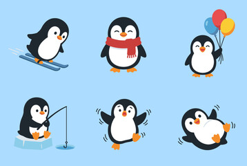 Set of Cute Penguin Characters Doing Various Activities, Skiing, Fishing, Holding Balloons, Scarf and Sliding on Ice Vector Illustrations for Kids © zhangfeng