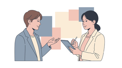 Obraz premium Business meeting: man talking to woman with tablet, planning, collaboration, modern office
