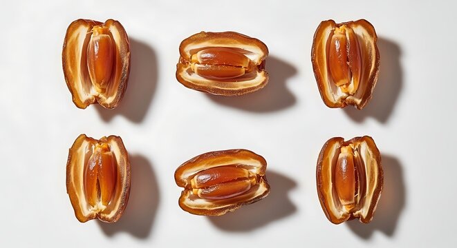 Six caramel-filled chocolates are arranged in two rows on a white surface with shadows.