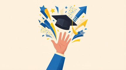 Student hand reaching toward graduation cap with star and arrow symbols showing huge success and achievement in education during celebration feeling pure joy