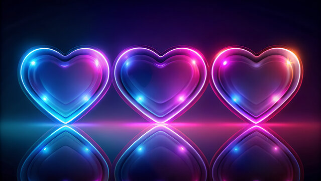 Three glowing neon hearts in blue pink and purple reflections