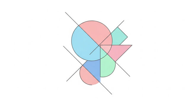 Abstract geometric composition with intersecting lines and pastel shapes.