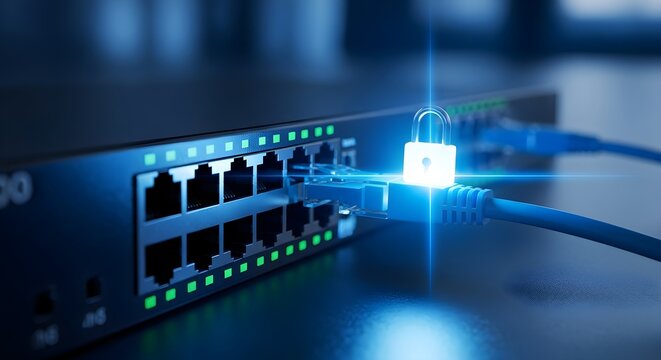 Digital Network Security Concept with Glowing Padlock Icon on Ethernet Cable Connected to Network Switch, Symbolizing Data Protection and Cybersecurity Infrastructure