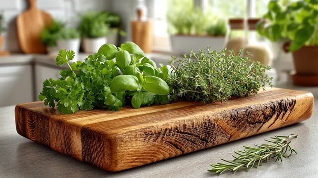 Herbs on wooden cutting board kitchen.