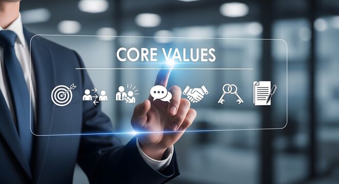 Businessman interacting with core values holographic interface