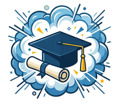 Joyful graduation illustration featuring blue cap and tied diploma bursting from bright cloud of celebration. Represents exciting education success and happy academic achievement