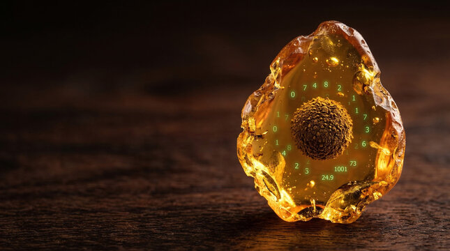 Macro Fungal Spore Encased in Amber with Holographic Digital Code