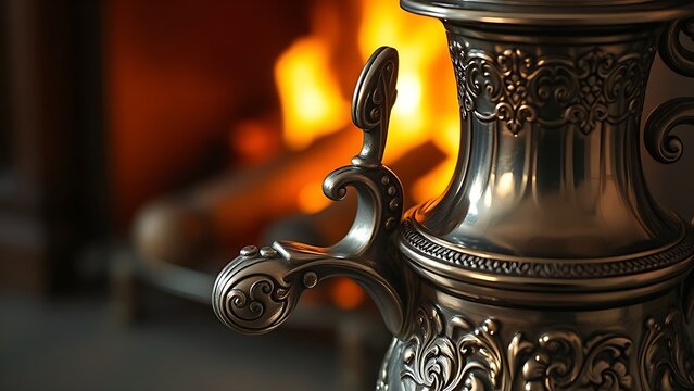 flagon. An intricately engraved silver flagon reflecting flickering firelight. product launch decks, UI/UX mockups, designed for product launches and innovation pitches, used by product marketers.