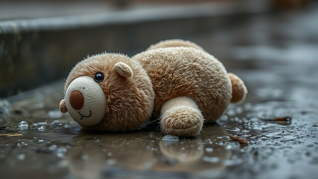 expropriated. A discarded plush toy lying in the rain with wet, matted fur, muted colors. lifestyle magazines, social media lookbooks, designed for lifestyle magazines and social media content.