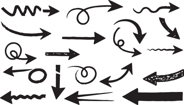 Hand-drawn doodle vector set of swipe arrows created in a playful sketchy style, isolated on white background