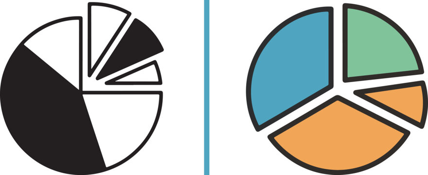 Minimalist vector icons of pie charts. Features a black and white outline graph with divided slices and a colorful flat design version with blue, orange, and green segments, perfect for data analysis.