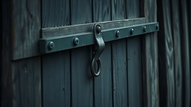 hasp. Weathered barn door with a heavy metal hasp swaying in a rainy atmosphere. real-estate listings, architecture portfolios, designed for architectural facade and classical detail presentations.