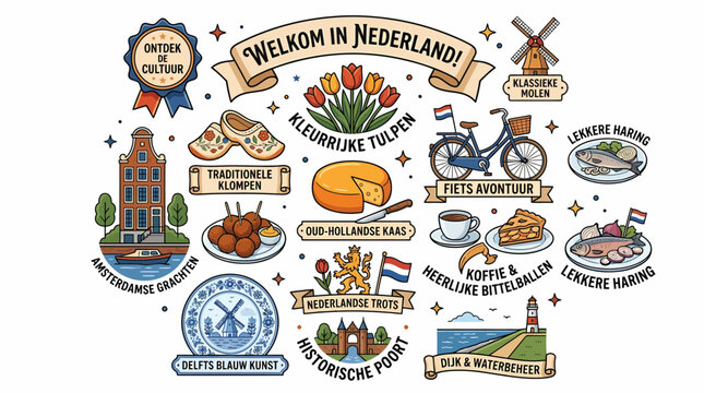 Netherlands Travel Icons: Tulips, Windmill, Cheese, Food, and Culture