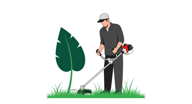 Gardener with trimmer tending to lush green grass and large tropical leaf professional lawn care outdoor maintenance