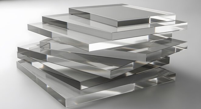 Stack of clear transparent glass or acrylic sheets with reflections