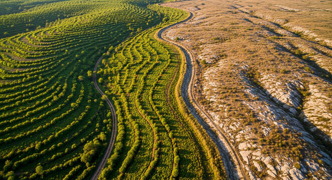 Earth Day's powerful message aerial view of lush green cultivation contrasting with arid, barren land, urging vital environmental protection and stewardship