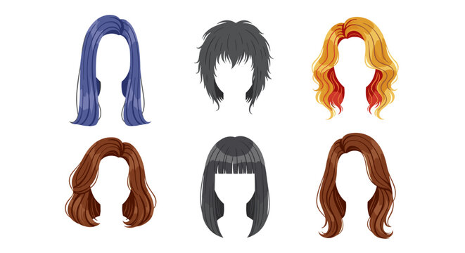 Collection of diverse wig styles and colors including long short wavy and straight hair isolated on a clean white