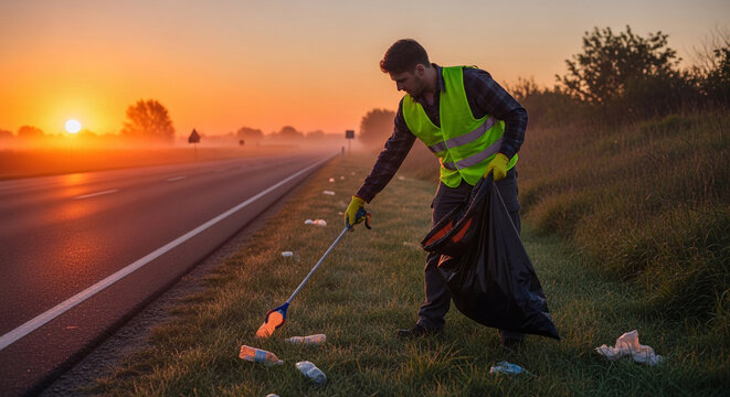 Dedicated volunteer actively cleans roadside litter at sunrise, making a significant impact for a cleaner environment and celebrating Earth Day with community action
