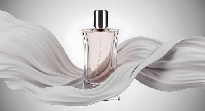 Elegant perfume bottle with silver cap amidst flowing white fabric