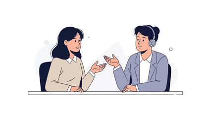 Fototapeta premium Two people talking at a desk, one wearing headphones, business meeting, communication concept