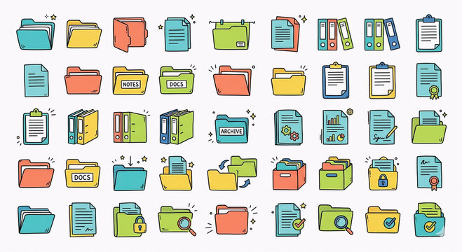 Hand-drawn file folder and document doodle collection set. Vector illustration of office archive, clipboard, binder, and paper organization icons. Cute cartoon business administration clip art.