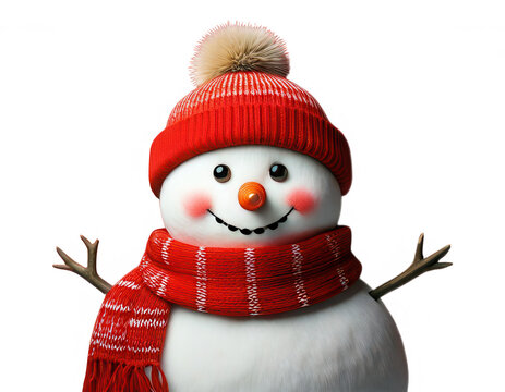 Boneco de neve alegre e festivo, com gorro e cachecol vermelho, nariz de cenoura e bochechas rosadas, isolado em fundo branco, perfeito para o inverno e as festas.