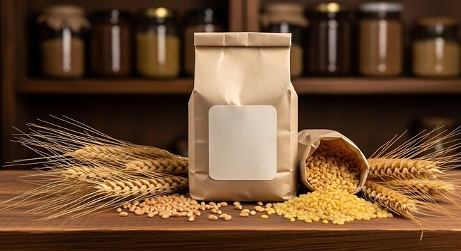 Organic whole grain flour packaging mockup with wheat stalks and grains on rustic wooden table