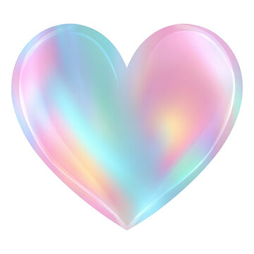 Cora&ccedil;&atilde;o iridescente e brilhante com reflexos pastel em rosa, azul e amarelo, simbolizando amor e carinho em um design moderno e et&eacute;reo.