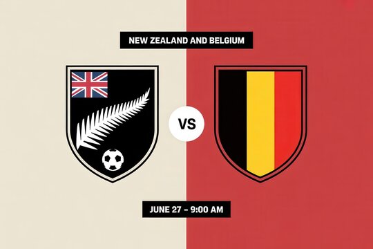 Soccer match announcement banner for New Zealand vs Belgium isolated on white background