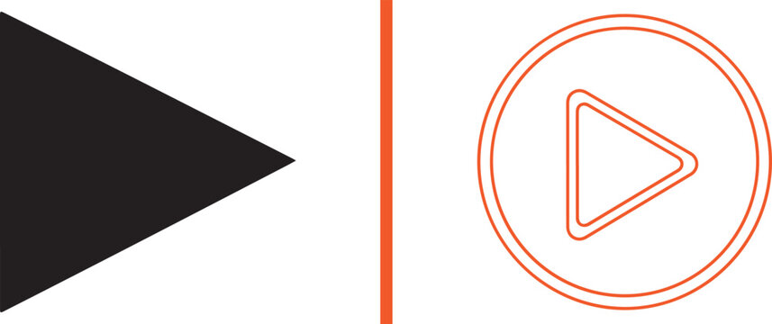 Vector duo featuring a solid black play triangle and a modern orange outline play button within a double-ringed circle, representing media controls, streaming, and digital video playback.