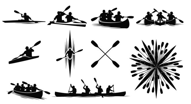 Collection of black and white silhouettes depicting kayakers, canoers, and oars for water sports activities and adventures.