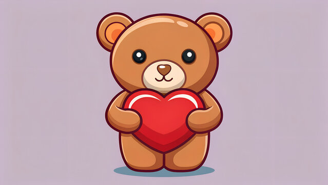 A cute cartoon teddy bear holding a big red heart on a pastel purple background