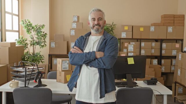 Man arms crossed in front of stacked parcels and a computer desk in an office building; entrepreneurial confidence.