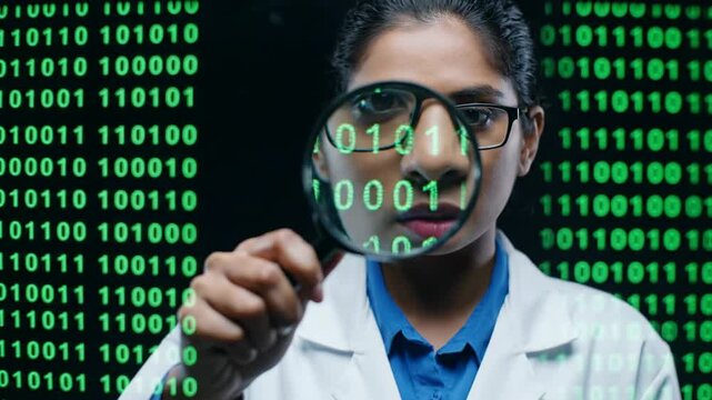 Scientist Examining Binary Code Through Magnifying Glass.