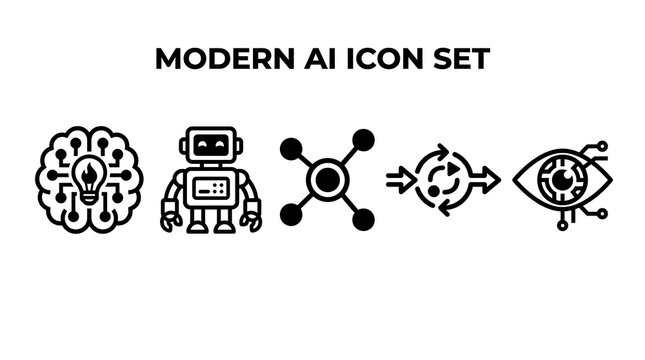 Modern AI icon set illustrating concepts like AI brain, robot, network structure, machine learning, and AI vision