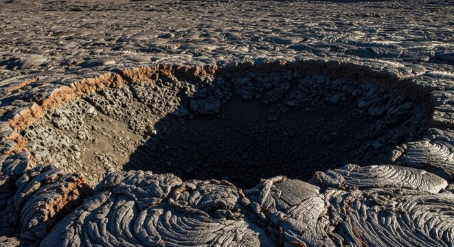 Rough vesicular texture of basaltic lava flows forming a deep crater against an arid landscape