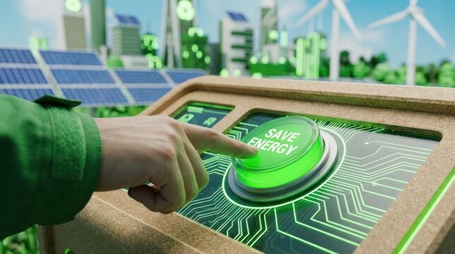 Hand pressing save energy button for green technology