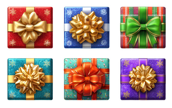Seis caixas de presente coloridas e festivas com la&ccedil;os decorativos, vistas de cima, ideais para celebra&ccedil;&otilde;es e feriados.