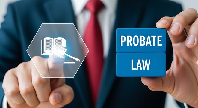 Businessman holding blue blocks with probate law and a legal icon