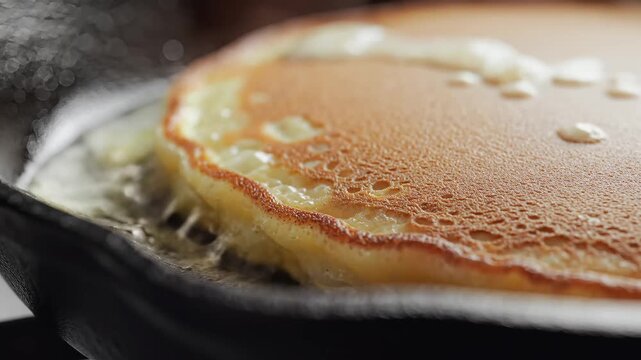 Close up of a golden pancake cooking in a hot buttered pan.