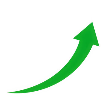 A vibrant green curved arrow pointing towards the upper right corner indicating growth and success isolated on white background