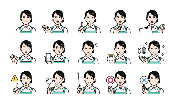 家事代行の女性スタッフの様々な表情バリエーションセット