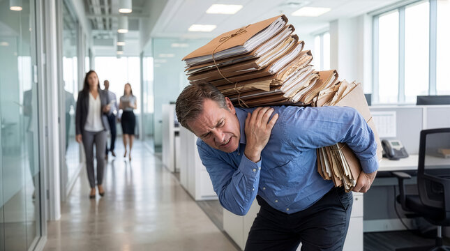 A stressed businessman carrying a heavy stack of paperwork through a busy modern office