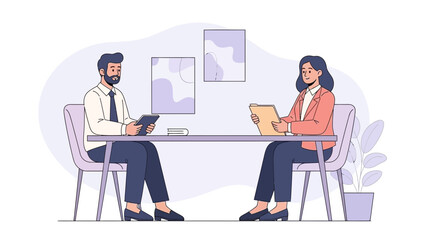 Fototapeta premium Business meeting illustration: man and woman in office discussing documents at desk